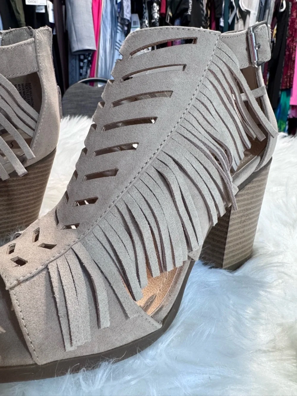 sugar Fringe Suede Open-Toe Block Heel Sandals - Taupe Size 8.5